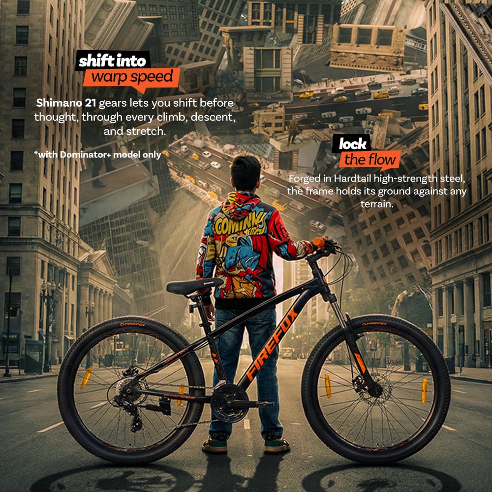 Firefox Dominator 26T mountain bike urban riding performance feature with rider in city environment