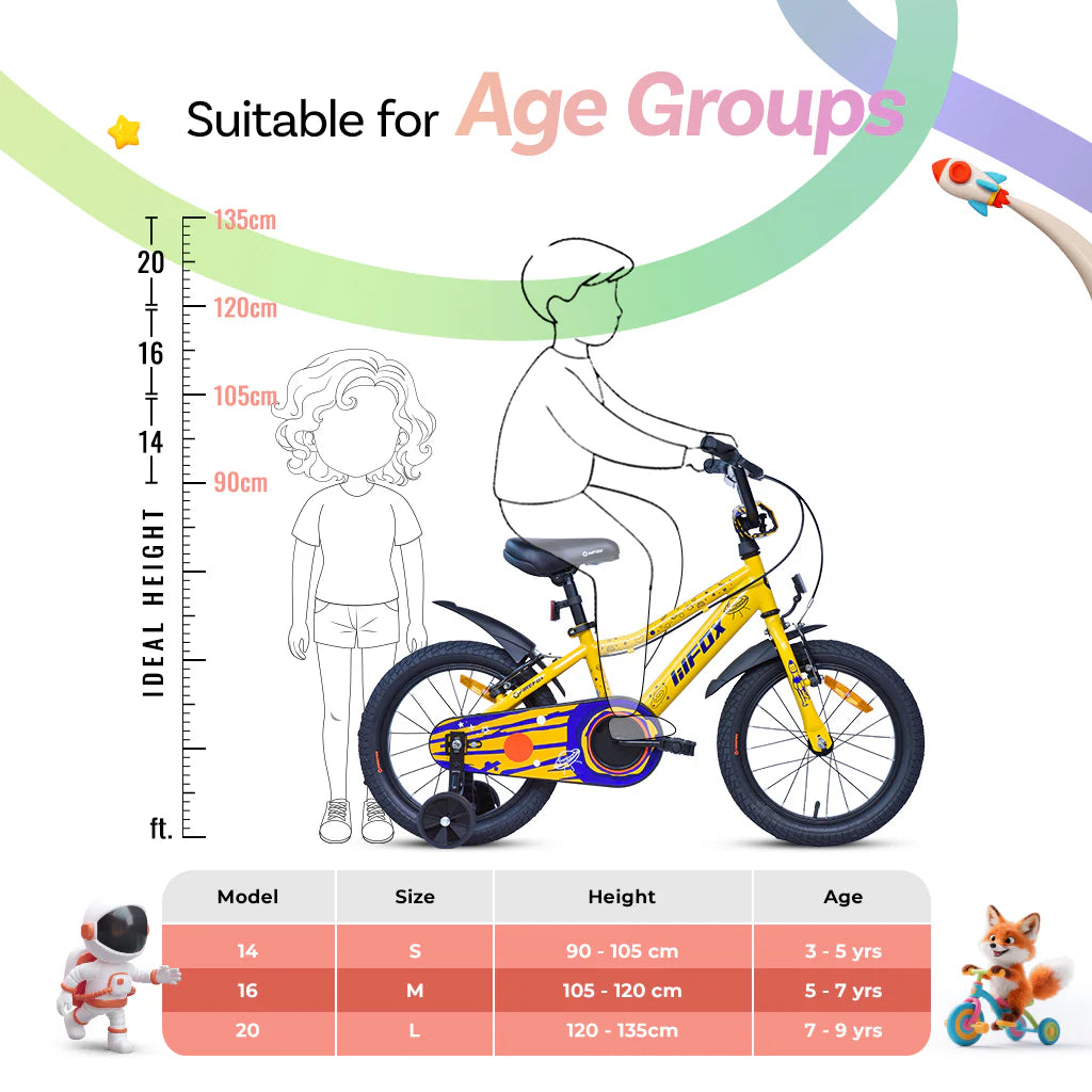 Firefox Dreamer Kids Bicycle Size Chart with Recommended Age and Rider Height
