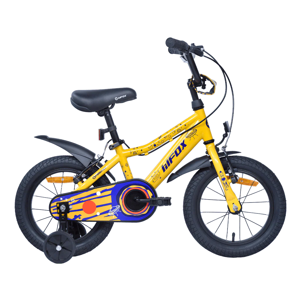 Side view of Firefox Dreamer Kids Bicycle in Yellow with Training Wheels
