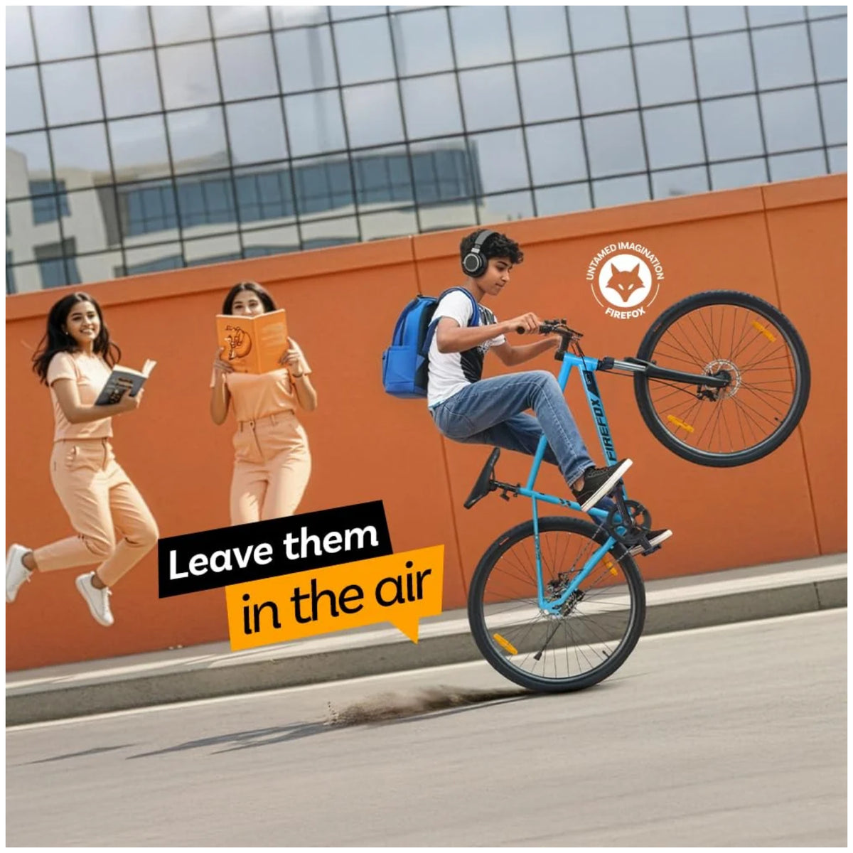 Firefox Drift 700C blue hybrid bicycle shown during city riding