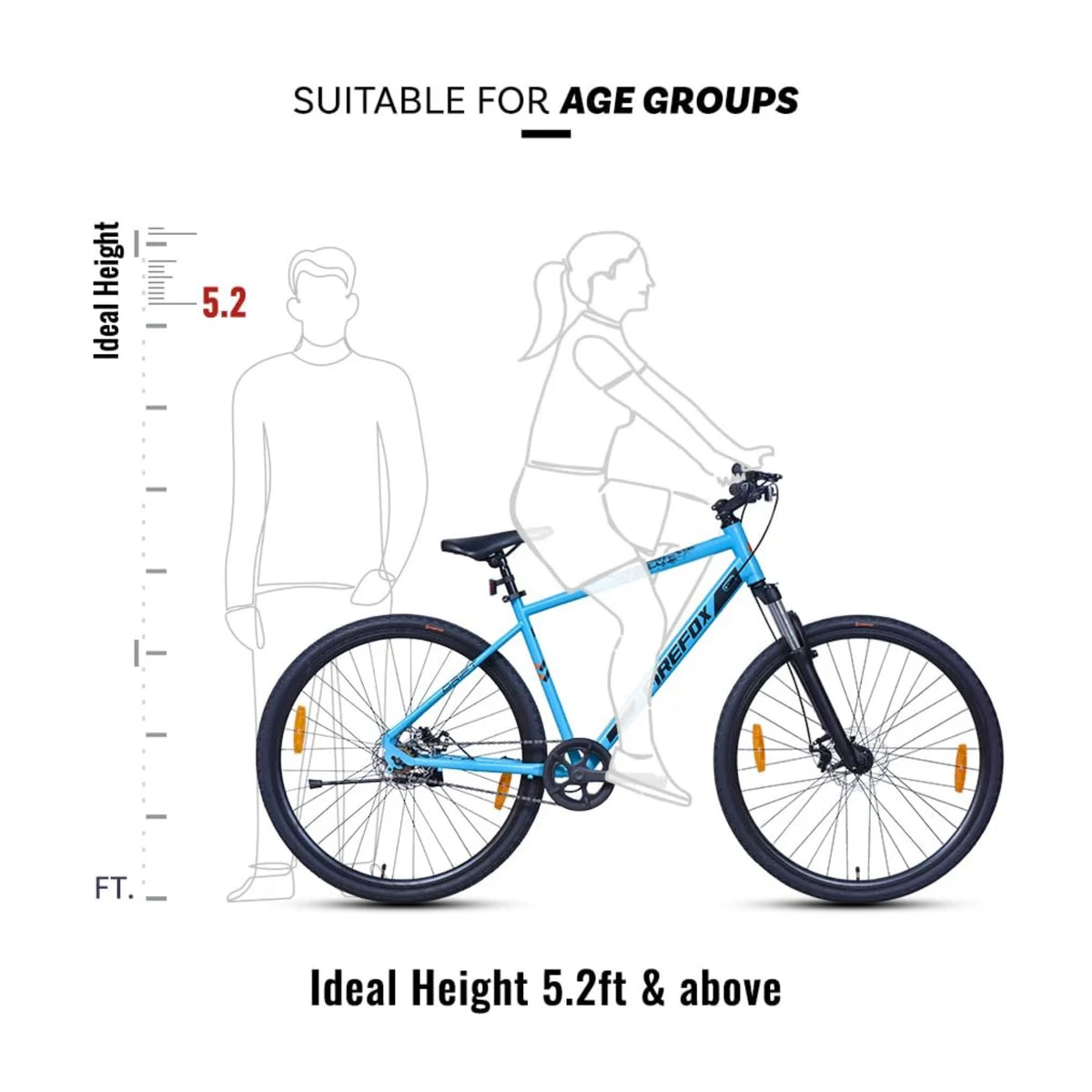 Firefox Drift 700C blue hybrid bicycle size chart for riders 5.2 feet and above