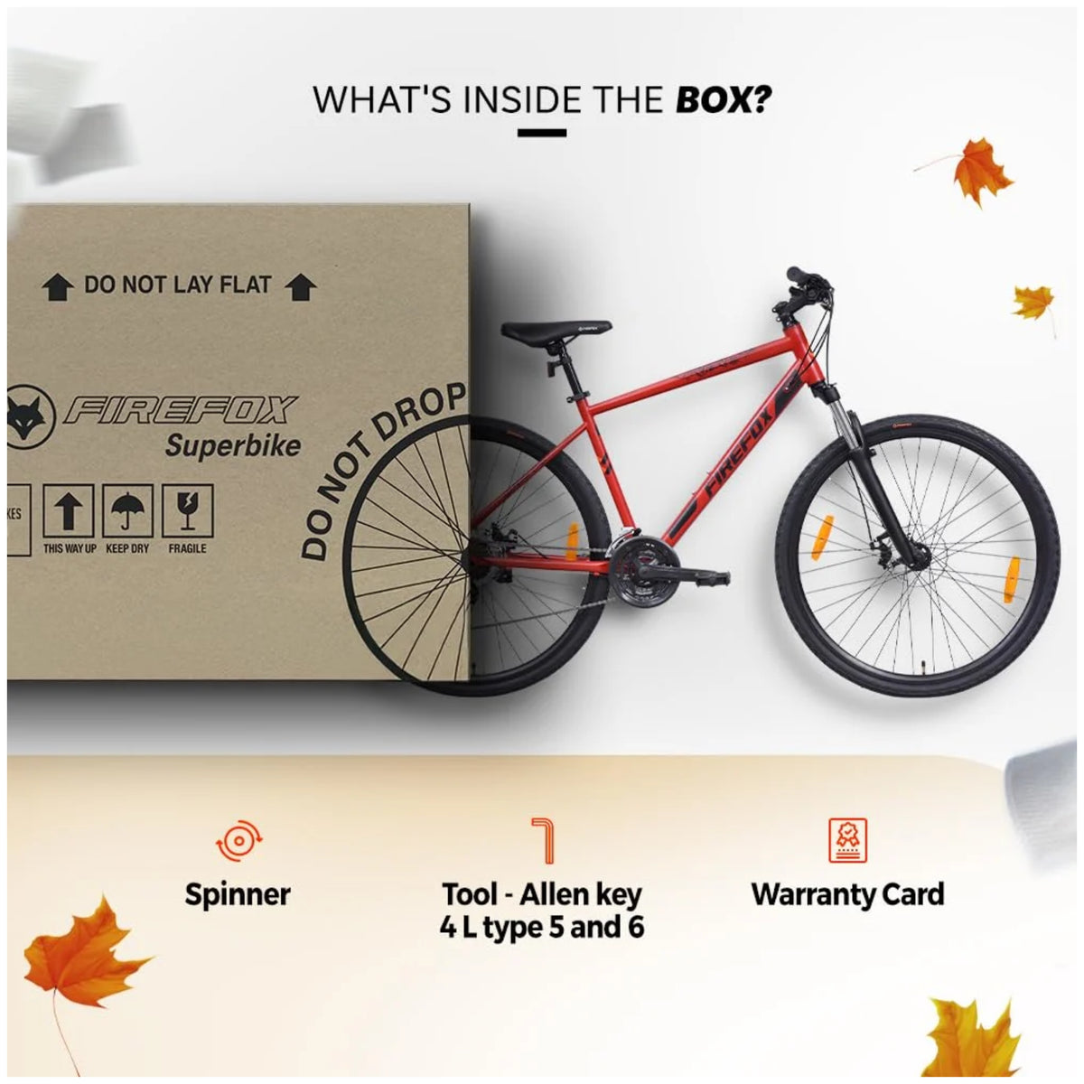 Firefox Drift Plus 700C red hybrid bicycle box contents with tool kit and warranty card