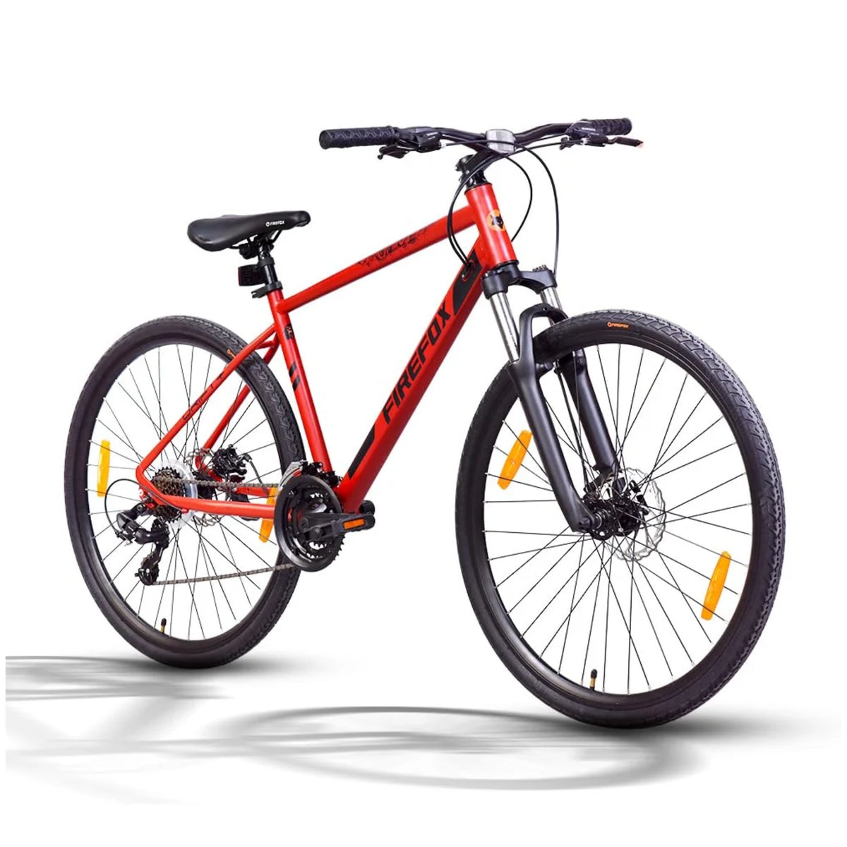 Firefox Drift Plus 700C red hybrid bicycle with front suspension and dual disc brakes