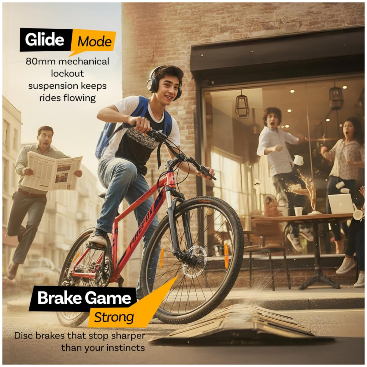 Firefox Drift Plus 700C red hybrid bicycle mechanical suspension and disc brake detail