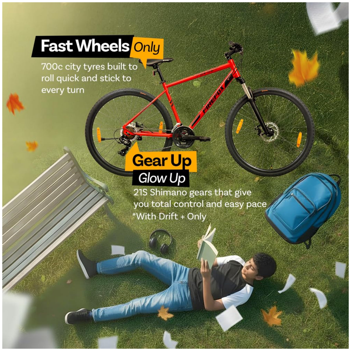 Firefox Drift Plus 700C red hybrid bicycle fast wheels and 21-speed gear system