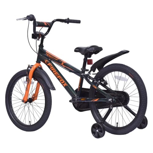 Rear angle view of FIREFOX Flytron 20T kids bicycle with orange highlights, training wheels, and mudguards.

