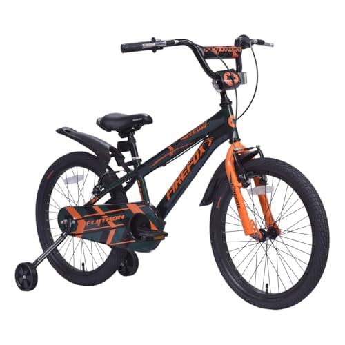 Side angle view of FIREFOX Flytron 20T kids cycle in orange and black with training wheels and V-brakes.

