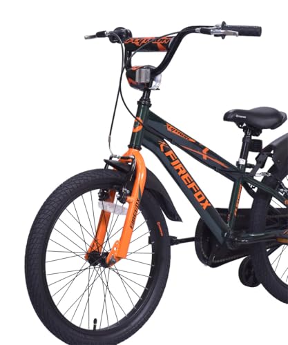 Front-angle view of the FIREFOX Flytron 20T kids cycle in orange and black, featuring high-rise handlebar and front V-brakes.

