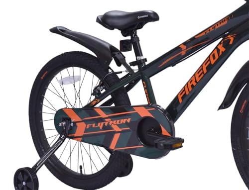 Side view of the FIREFOX Flytron 20T kids bicycle in orange and black with training wheels, chain cover, and FIREFOX branding.

