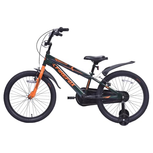 Side view of FIREFOX Flytron 20T kids bicycle in orange and black, showing frame design, mudguards, and training wheels.


