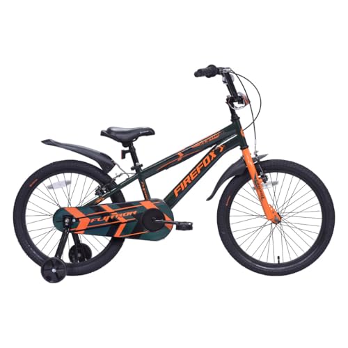 Side view of FIREFOX Flytron 20T kids cycle in orange and black, 10-inch steel frame, single speed, with mudguards and training wheels.

