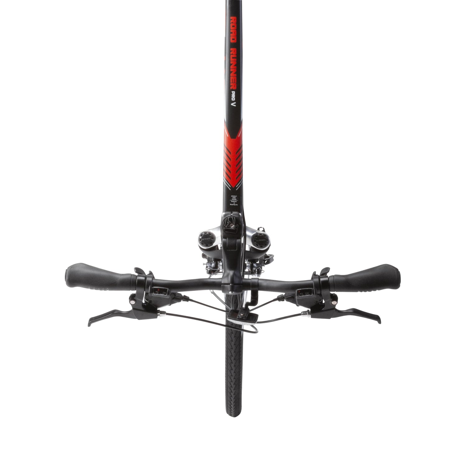 Front view of Firefox hybrid bike showing straight handlebar with dual brake levers, head tube, and black-red fork alignment.
