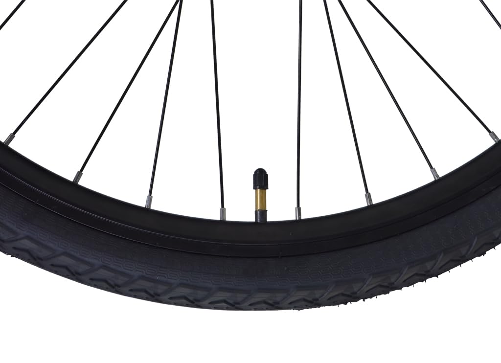 Close-up view of the tire and valve of the FIREFOX Pronto-D 700C single speed hybrid city cycle.

