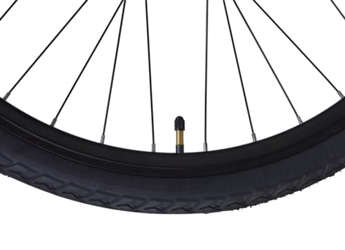Close-up of the wheel valve and tire tread on the red FIREFOX Pronto-D 700C city hybrid bicycle.

