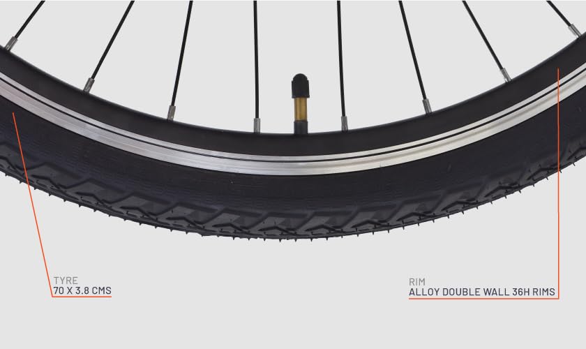 700C tyre with 70x3.8 cm tread and 36H alloy double wall rims	