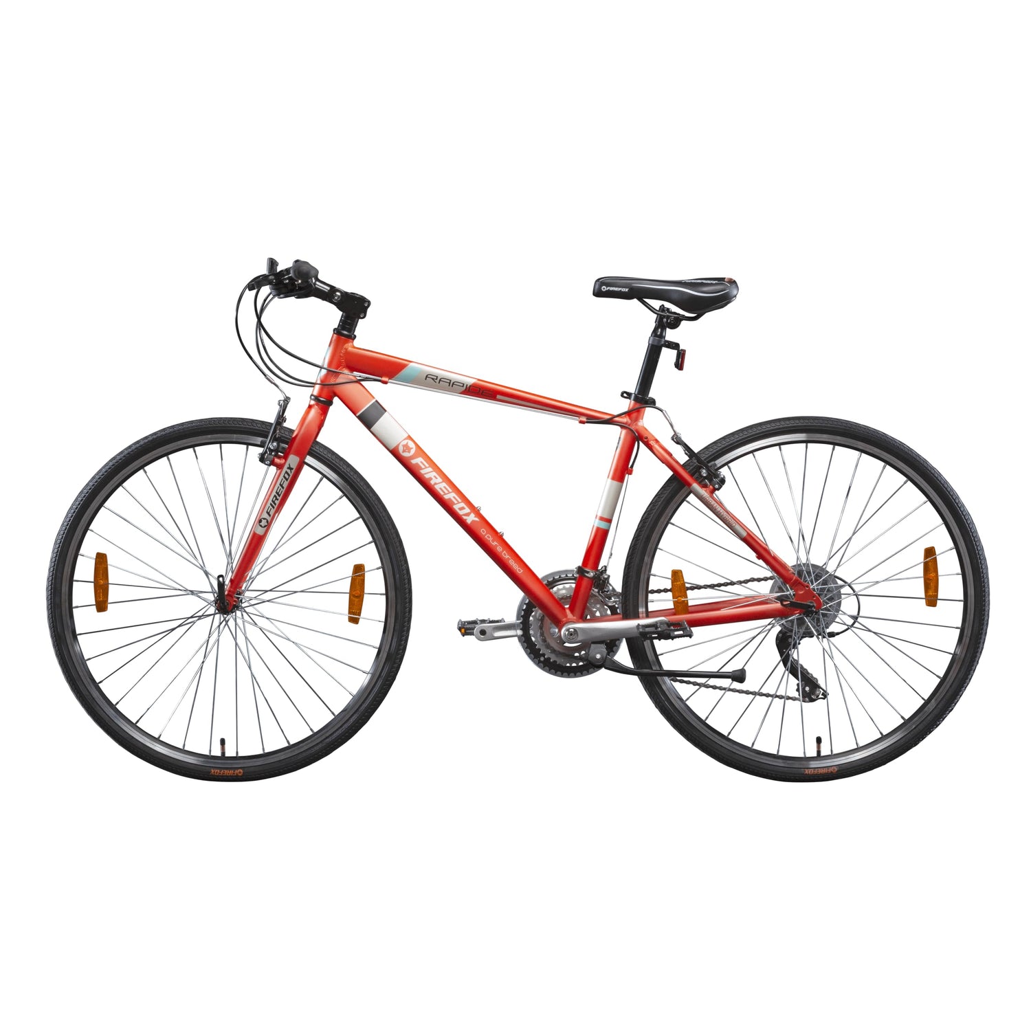 Firefox Radar hybrid cycle in red and black color with thin 700C wheels and side stand, displayed side-on against a white background.

