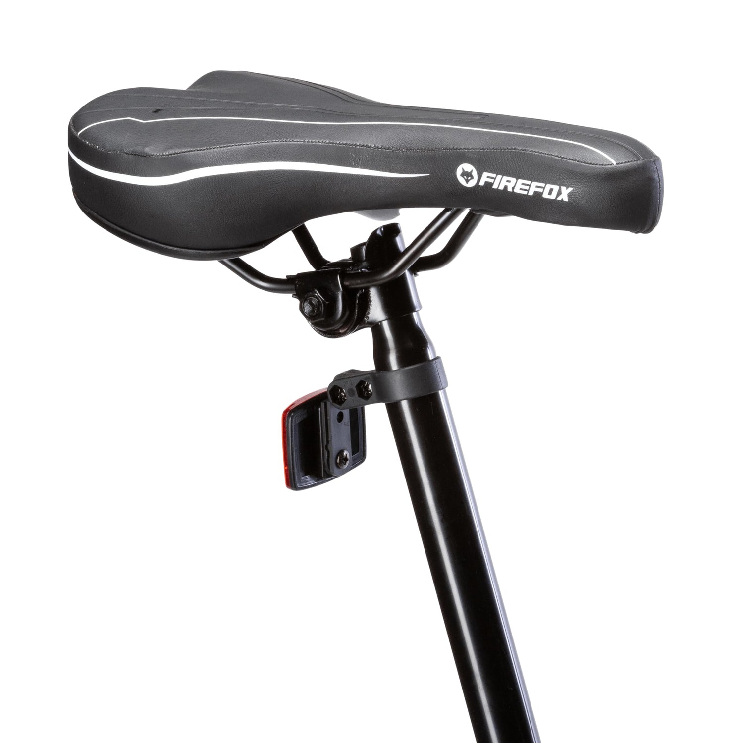 Close-up of the Firefox Road Runner Pro D’s black saddle with white stitching, mounted on a black alloy seatpost, featuring a rear reflector.

