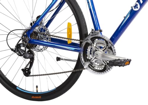 Close-up of the FIREFOX Road Runner Pro D Plus drivetrain showing the 21-speed gear system, crankset, derailleur, and rear cassette on the blue frame.
