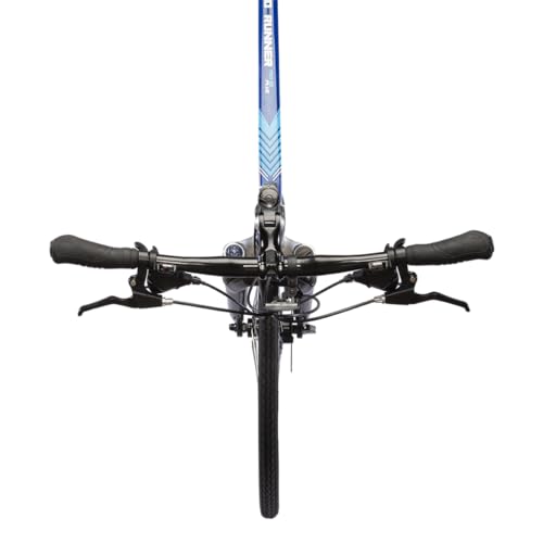 Top-down view of the FIREFOX Road Runner Pro D Plus handlebar showing gear shifters, brake levers, and front wheel alignment on a blue frame.
