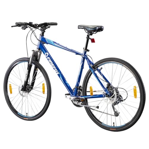 Full side view of the blue FIREFOX Road Runner Pro D Plus 700C hybrid cycle with disc brakes and 21-speed gears, displayed on a white background.
