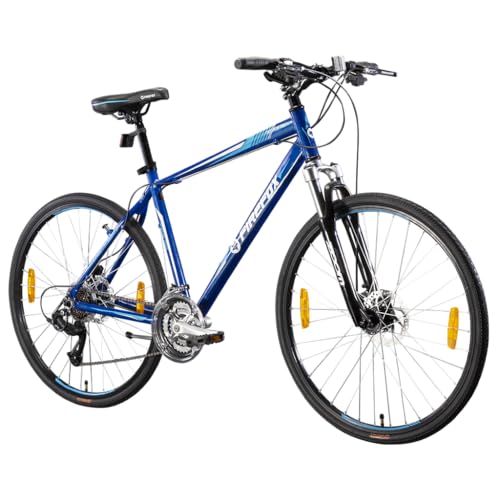 Rear angle view of the blue FIREFOX Road Runner Pro D Plus 700C hybrid cycle with 21 gears and disc brakes, shown on a white background.
