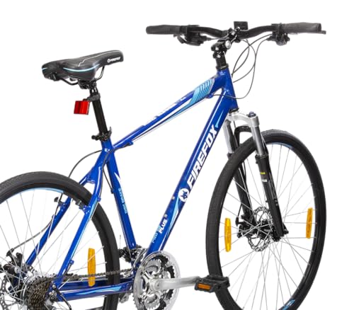 Side view of the blue FIREFOX Road Runner Pro D Plus 700C hybrid cycle with 21 gears, disc brakes, and front suspension, shown on a white background.
