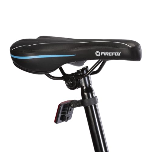 Side view close-up of the FIREFOX Road Runner Pro D Plus bicycle saddle with blue stripe and rear reflector, mounted on a seat post.
