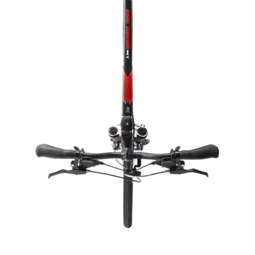 Top-down view of the black FIREFOX Road Runner Pro V 700C hybrid cycle's handlebar and stem with visible gear shifters and brake levers.

