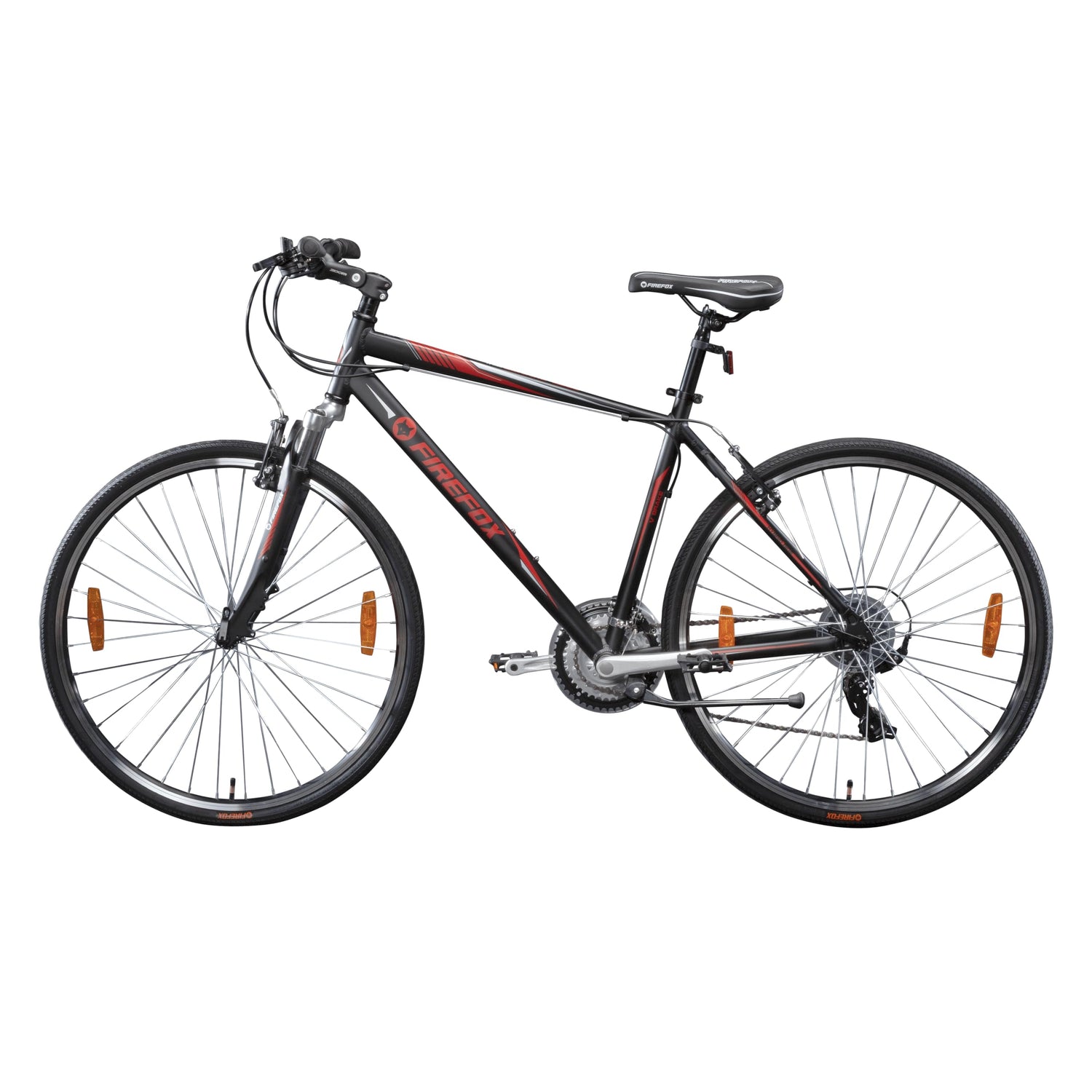 Full side view of FIREFOX Road Runner Pro V 700C black hybrid cycle with red decals, ideal for men, city riding, and fitness.

