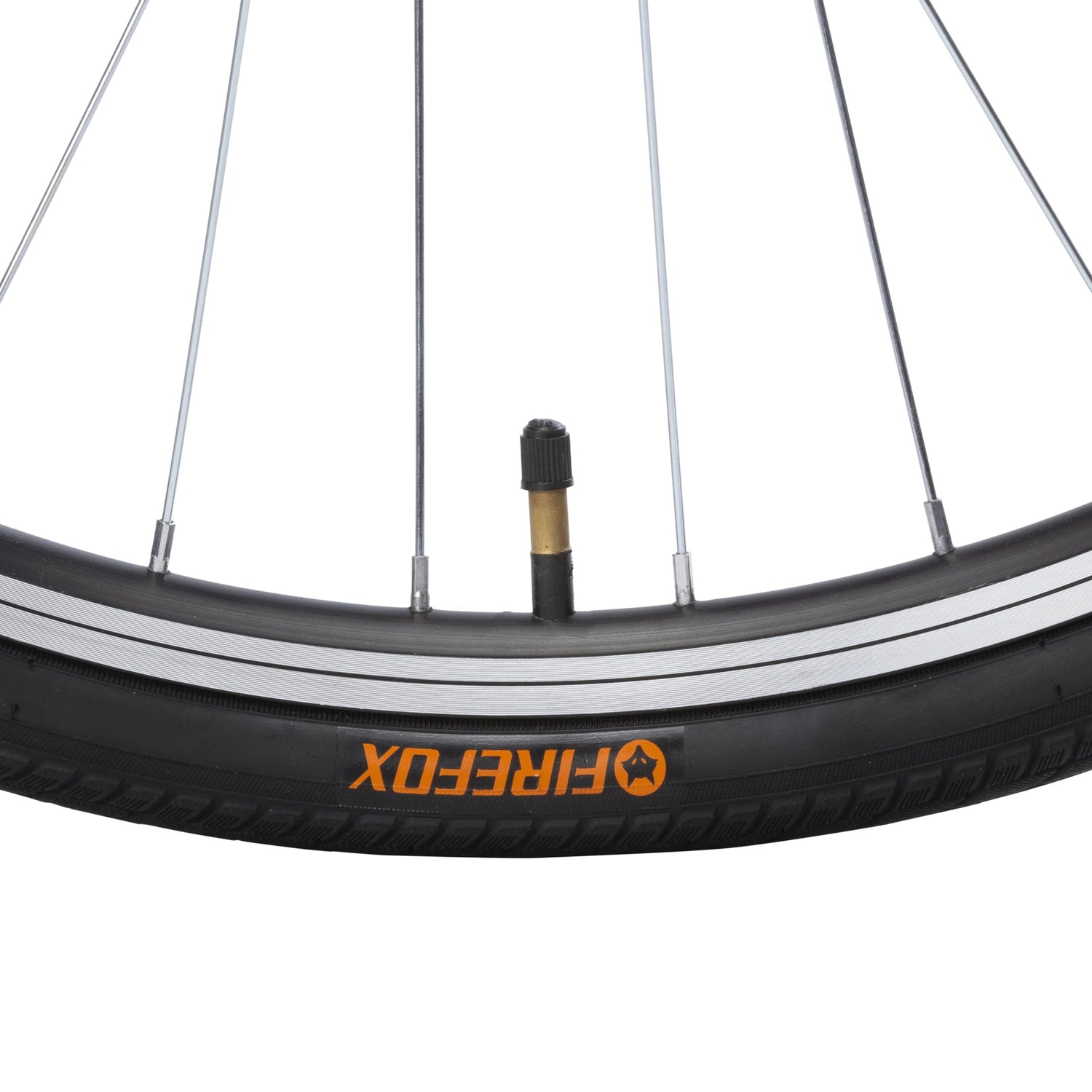 Close-up of the FIREFOX Road Runner Pro V 700C hybrid cycle’s front tyre showing the valve, spokes, and FIREFOX branding on the black tyre.

