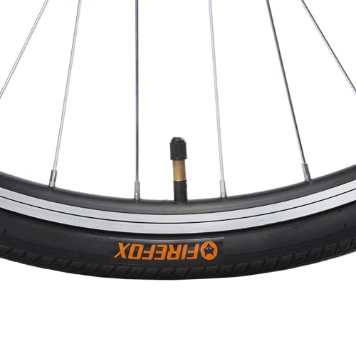 Close-up of the black FIREFOX Road Runner Pro V 700C hybrid cycle wheel with Firefox branding on the tire and silver spokes.

