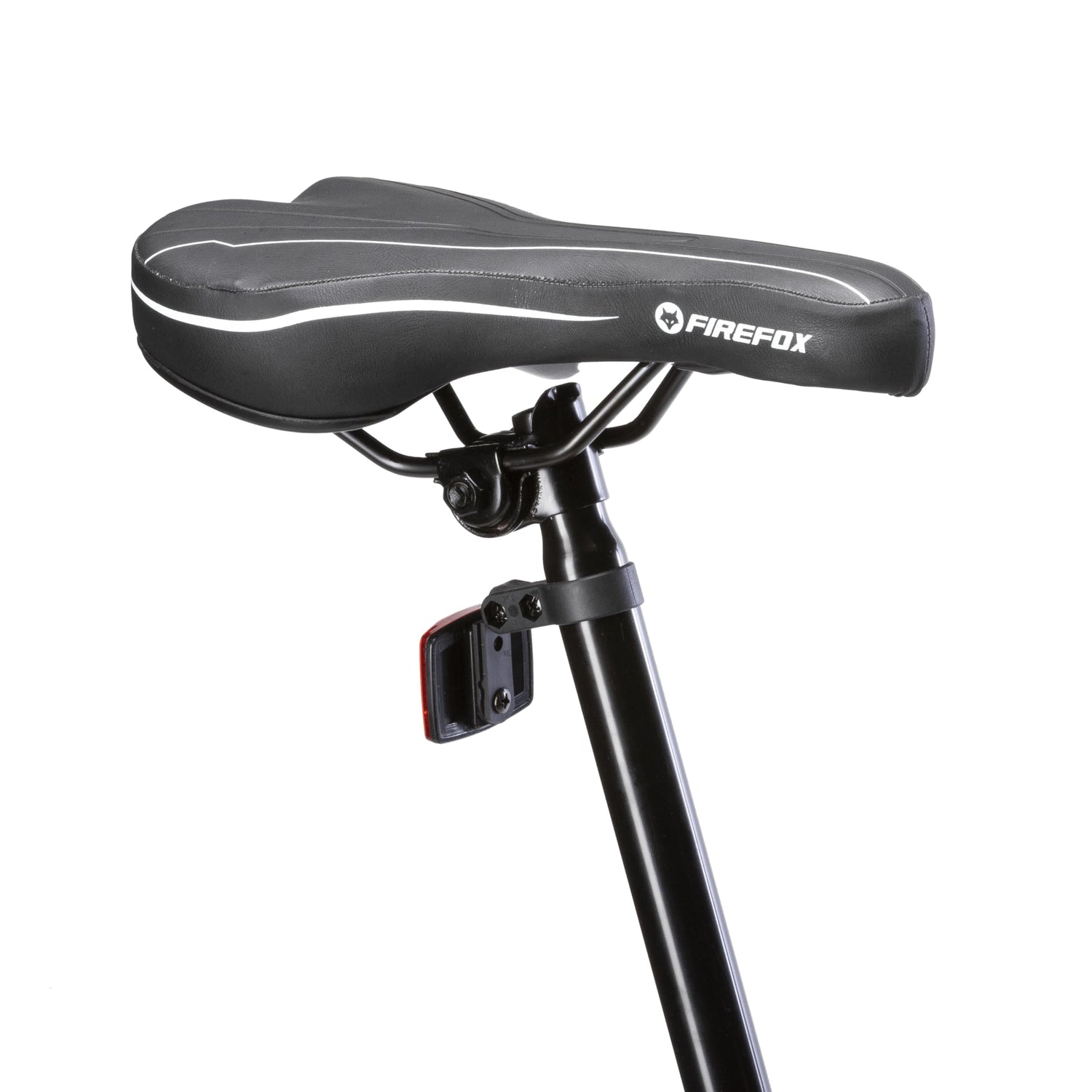 Close-up of the FIREFOX Road Runner Pro V hybrid cycle’s black saddle with white accents, mounted on a seat post with an attached rear reflector.
