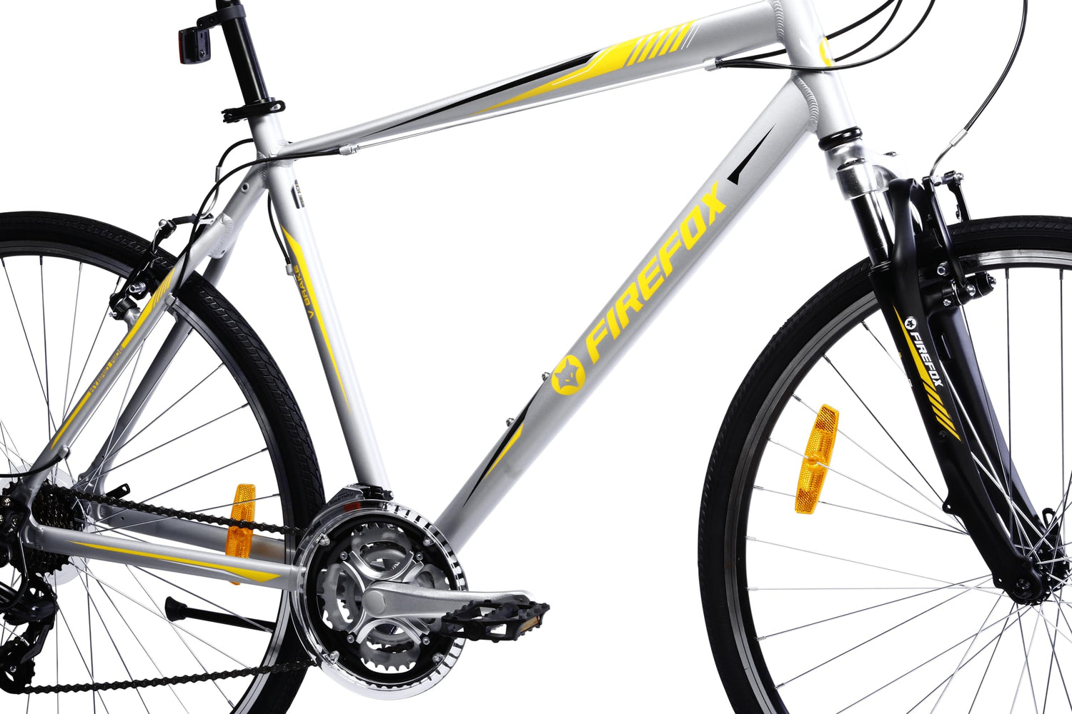 Side angle close-up of the FIREFOX Road Runner Pro V 700C cycle frame showing branding, yellow graphics, and black front fork with reflector and V brakes.
