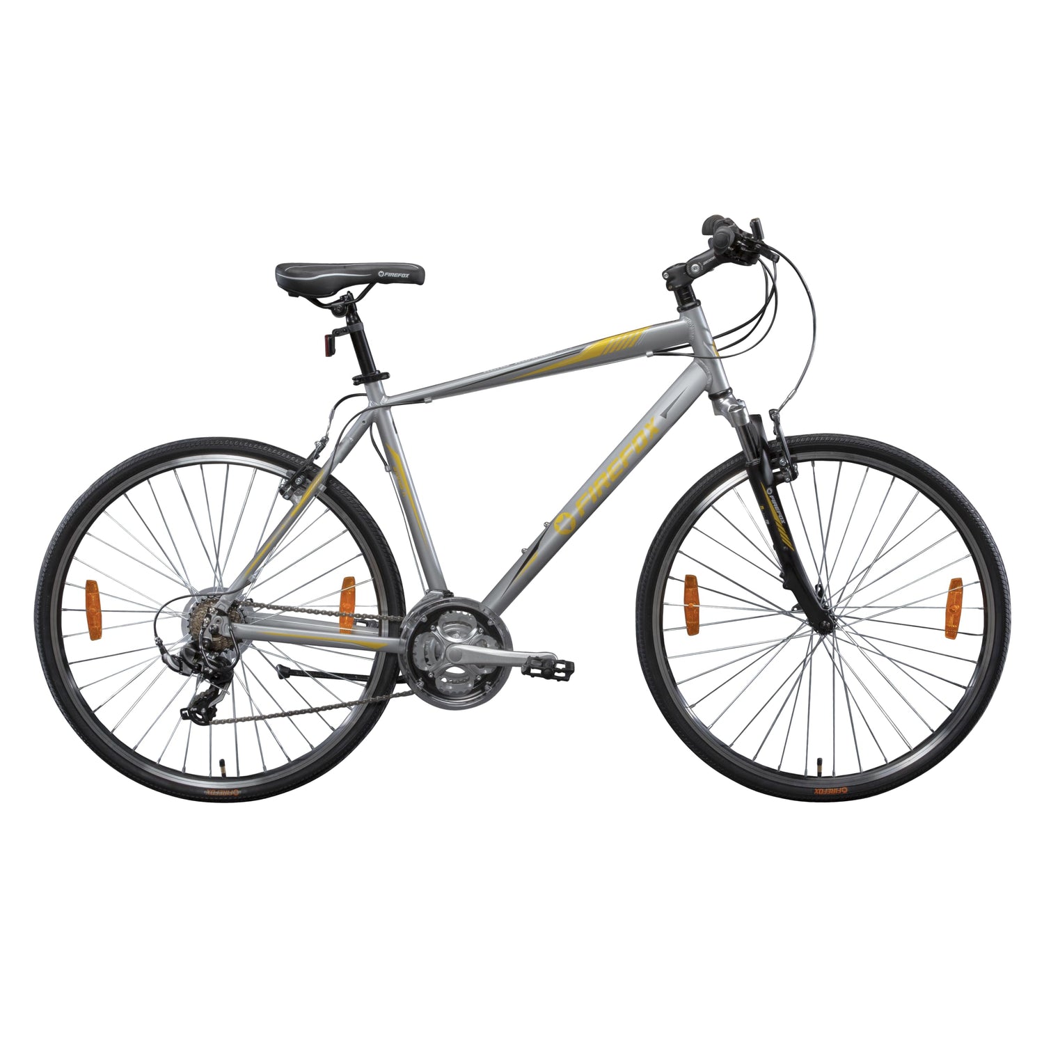 Full side view of FIREFOX Road Runner Pro V 700C silver hybrid cycle with 18-inch frame, 21-speed gears, and V brakes.
