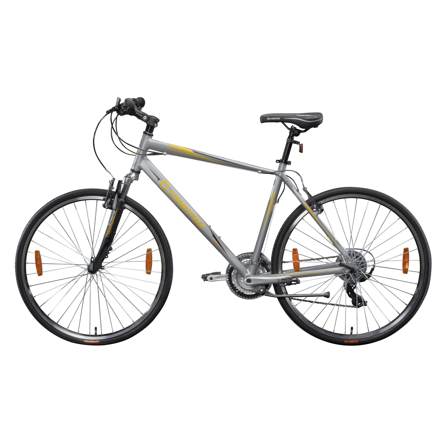 FIREFOX Road Runner Pro V 700C silver hybrid cycle for men with 21-speed gears, V brakes, front suspension, and lightweight alloy frame.
