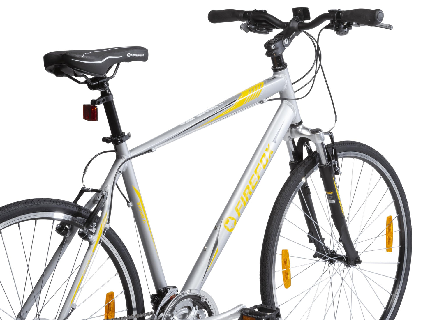 FIREFOX Road Runner Pro V 700C hybrid cycle in silver color with yellow graphics, V brakes, and front suspension – ideal city bike for men.
