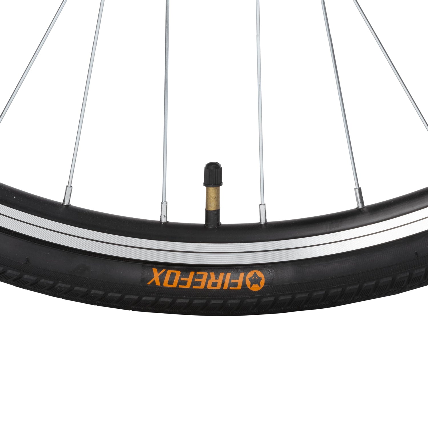 Close-up of the silver FIREFOX Road Runner Pro V hybrid cycle’s front tyre with visible valve stem and orange branding on the sidewall.
