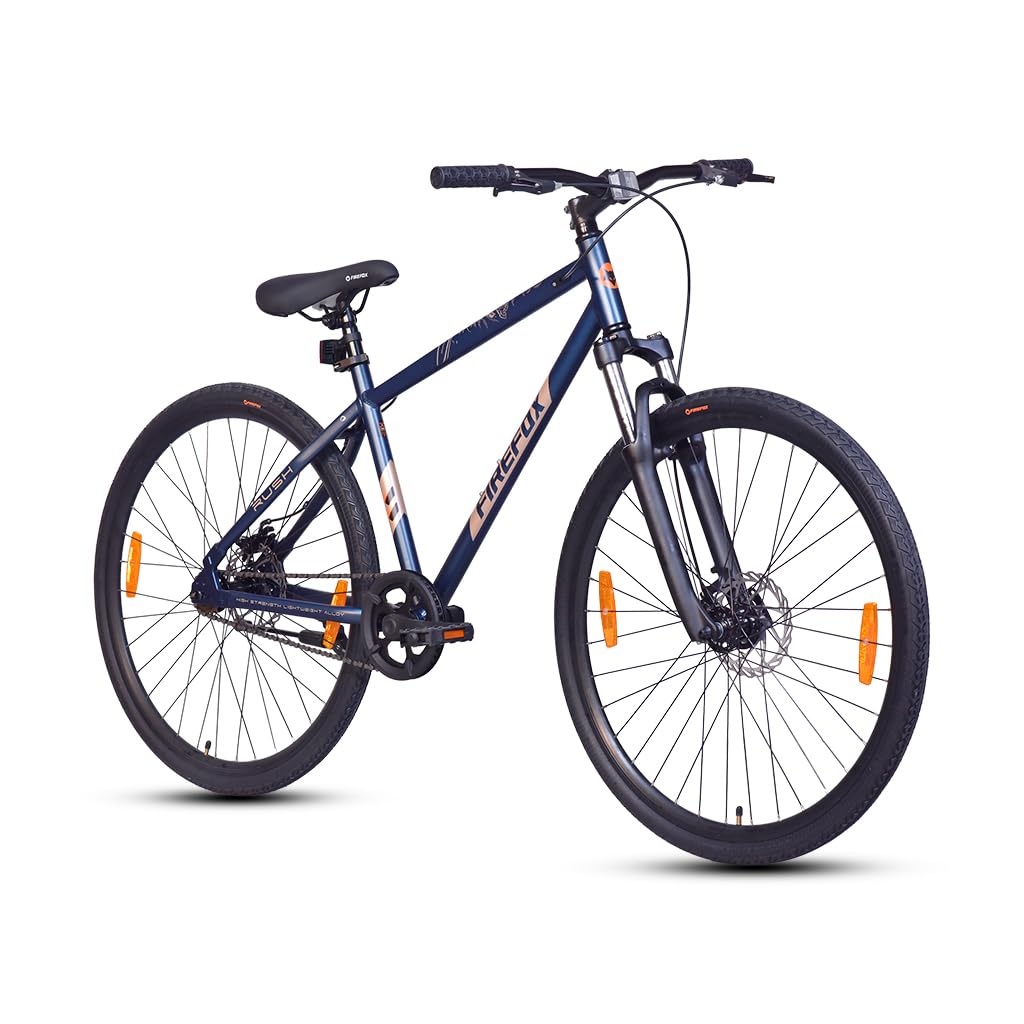 Firefox Rush 700C Single Speed Hybrid Cycle Blue with Front Suspension and Disc Brakes