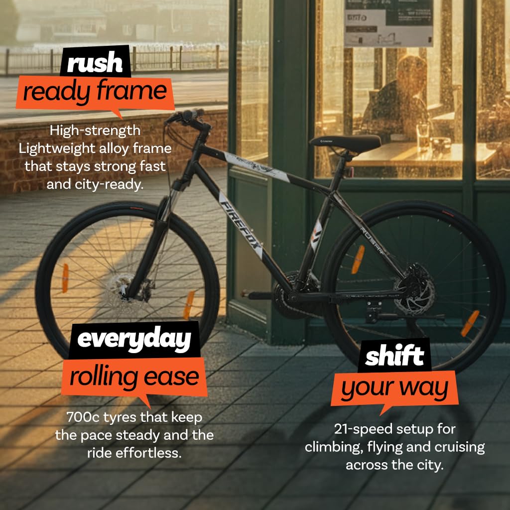 Rider cycling on Firefox Rush+ 700C 21 Speed Hybrid Bicycle for fitness and commuting