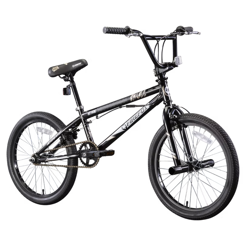 Front angle view of Firefox Skull 20T BMX bicycle showing BMX handlebar, rigid fork and front wheel