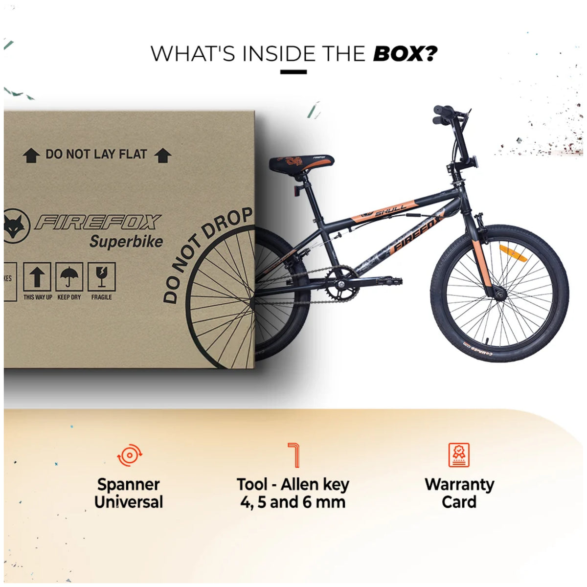 Firefox Skull BMX bicycle box contents and accessories