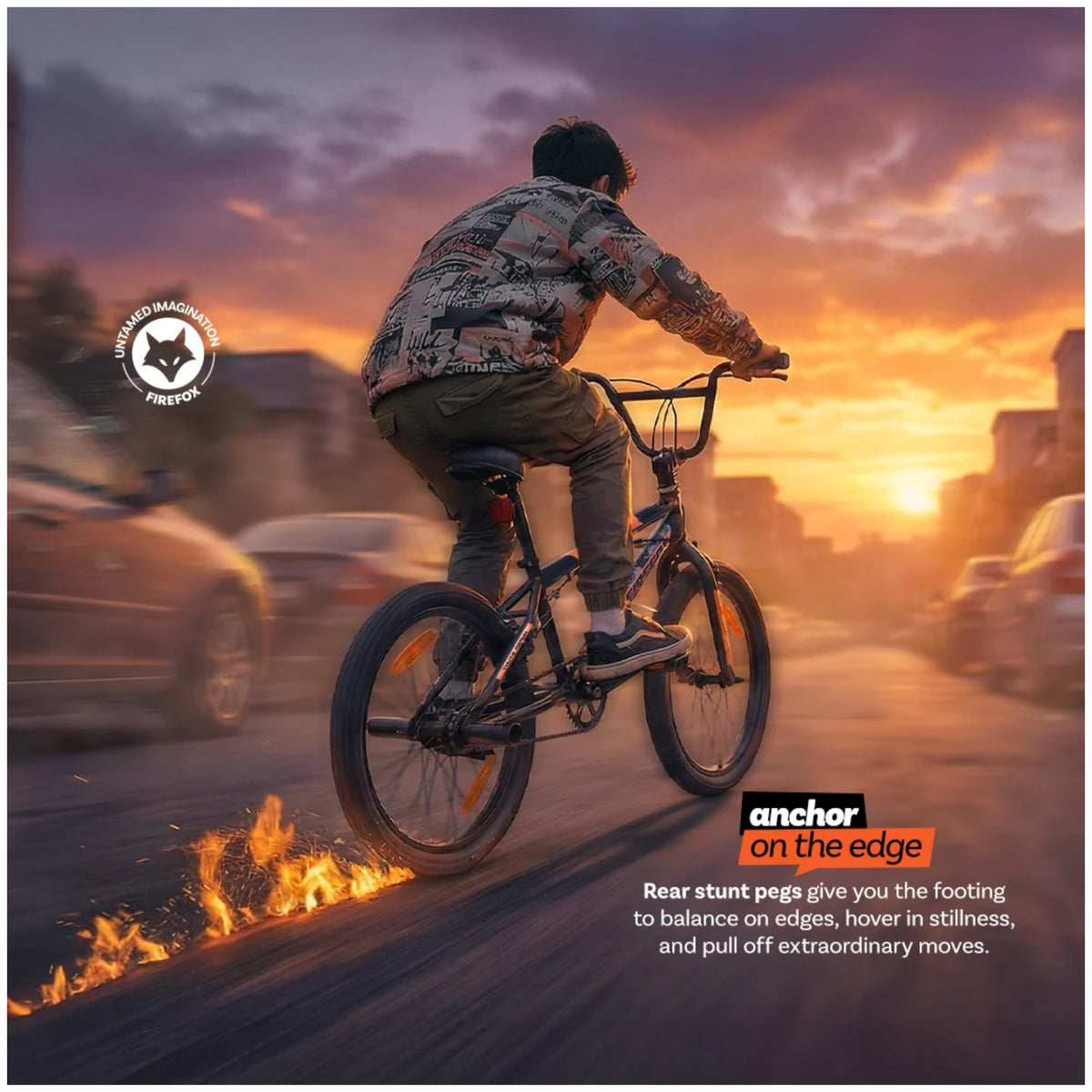 Firefox Skull BMX bicycle riding in city at sunset