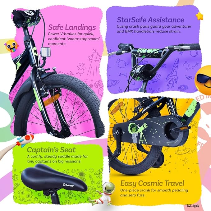 Firefox Star Gazer Black Kids Bicycle Safety Features Including Saddle, Handlebar and Reflectors
