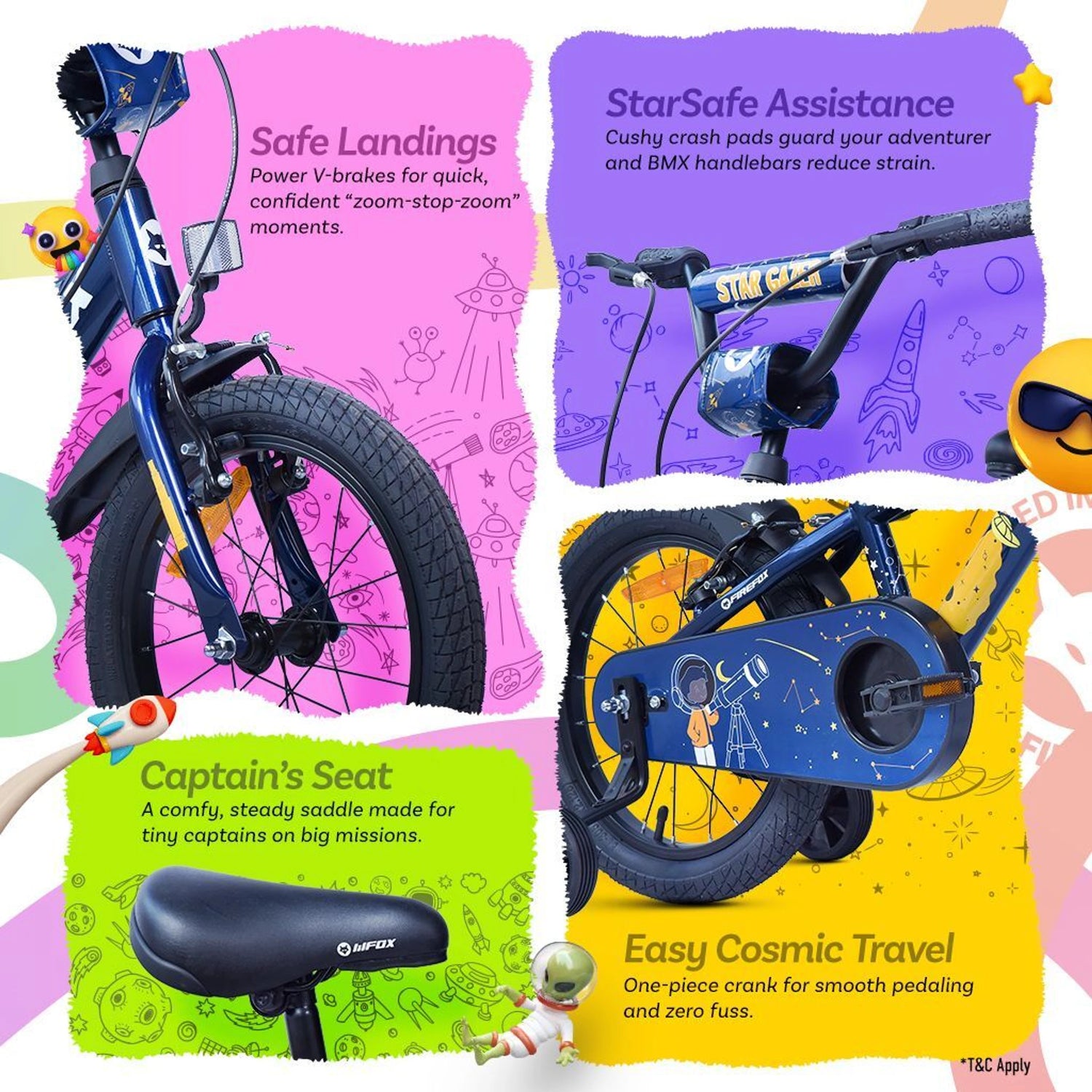 Firefox Star Gazer Kids Bicycle Safety Features Including Saddle, Handlebar and Reflectors
