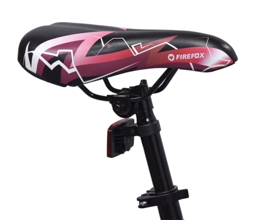 Close-up view of the red and black FIREFOX Tremor X 24 D bicycle saddle with graphic detailing.
