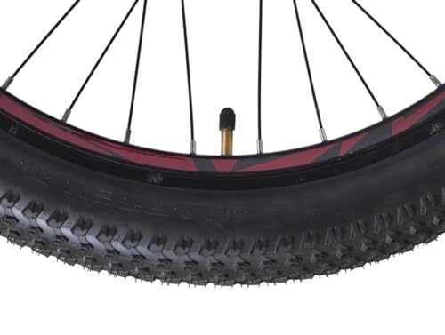 Close-up of the Firefox Tremor X 24 D bicycle tyre tread and red alloy rim with air valve visible.
