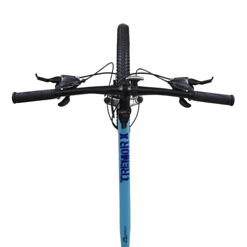 Top view of handlebar and frame headtube of Firefox Tremor X 27.5 D mountain cycle in blue, showing brake levers and gear shifters.

