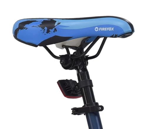 Close-up view of the FIREFOX Tremor X 29 D blue cycle saddle with printed graphics and seat post, featuring rear reflector.
