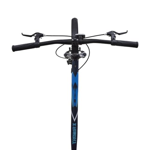 Front view of the FIREFOX Tremor X 29 D blue mountain cycle showing the handlebar, brake levers, and top tube branding against a white background.
