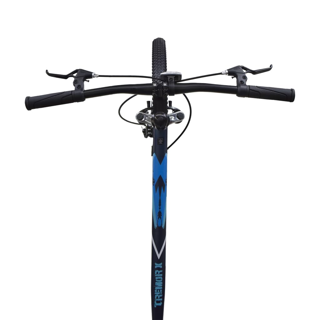Front view of the FIREFOX Tremor X 29 D blue mountain cycle showing flat handlebar with dual brake levers and branding on the top tube.

